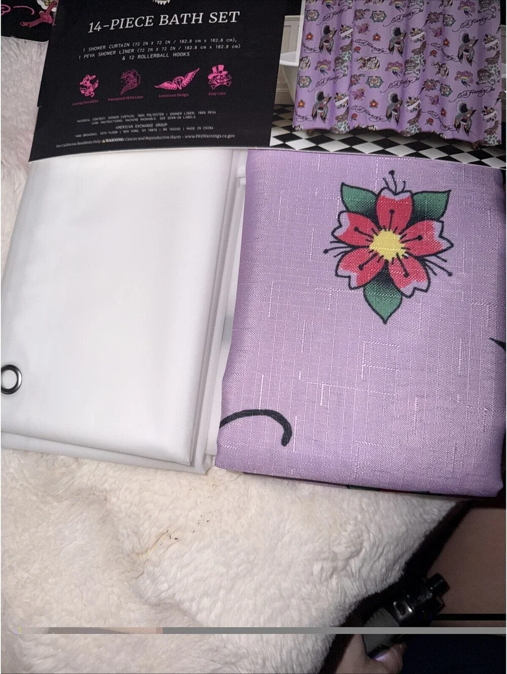 NWT! ED HARDY 14 - PIECE SHOWER CURTAIN - LIGHT PURPLE - 72 x 72